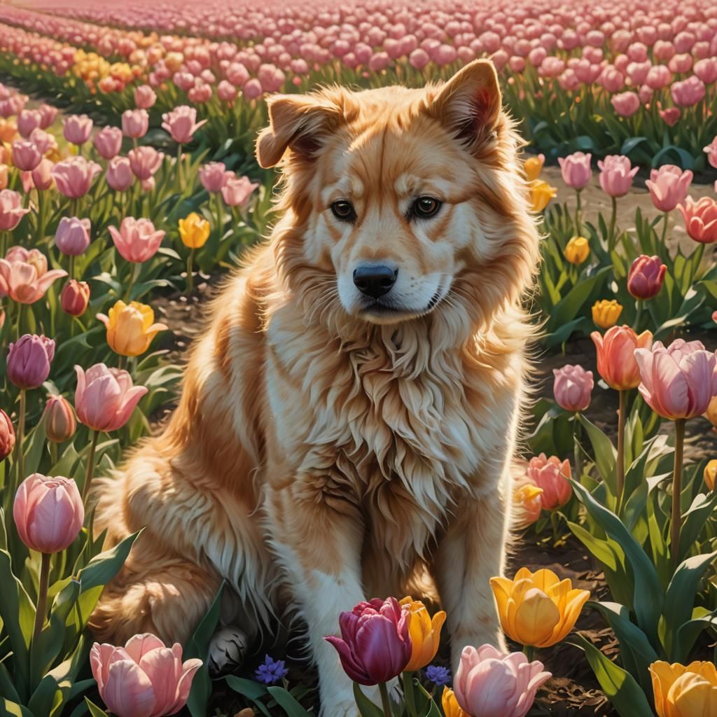 Fantastical Realism: Cat Riding Golden Retriever in Tulip Fi...