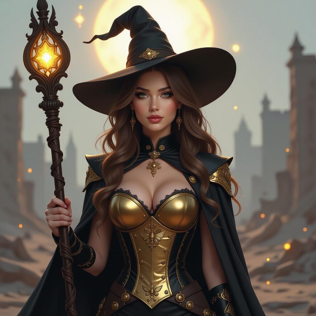 Golden Witch in Desolate Battlefield, Illustrative Style