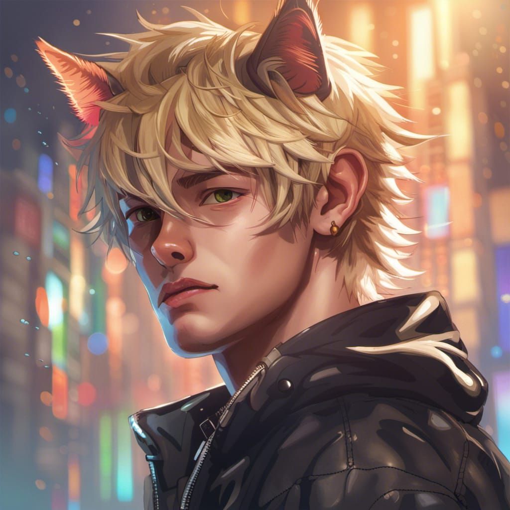 Charming Hyperrealistic Teen Catboy in Vibrant Colors