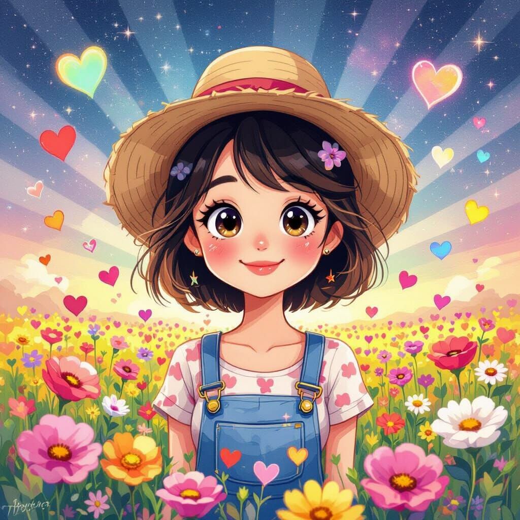 Joyful Farmer in Flower Field, Watercolor Style