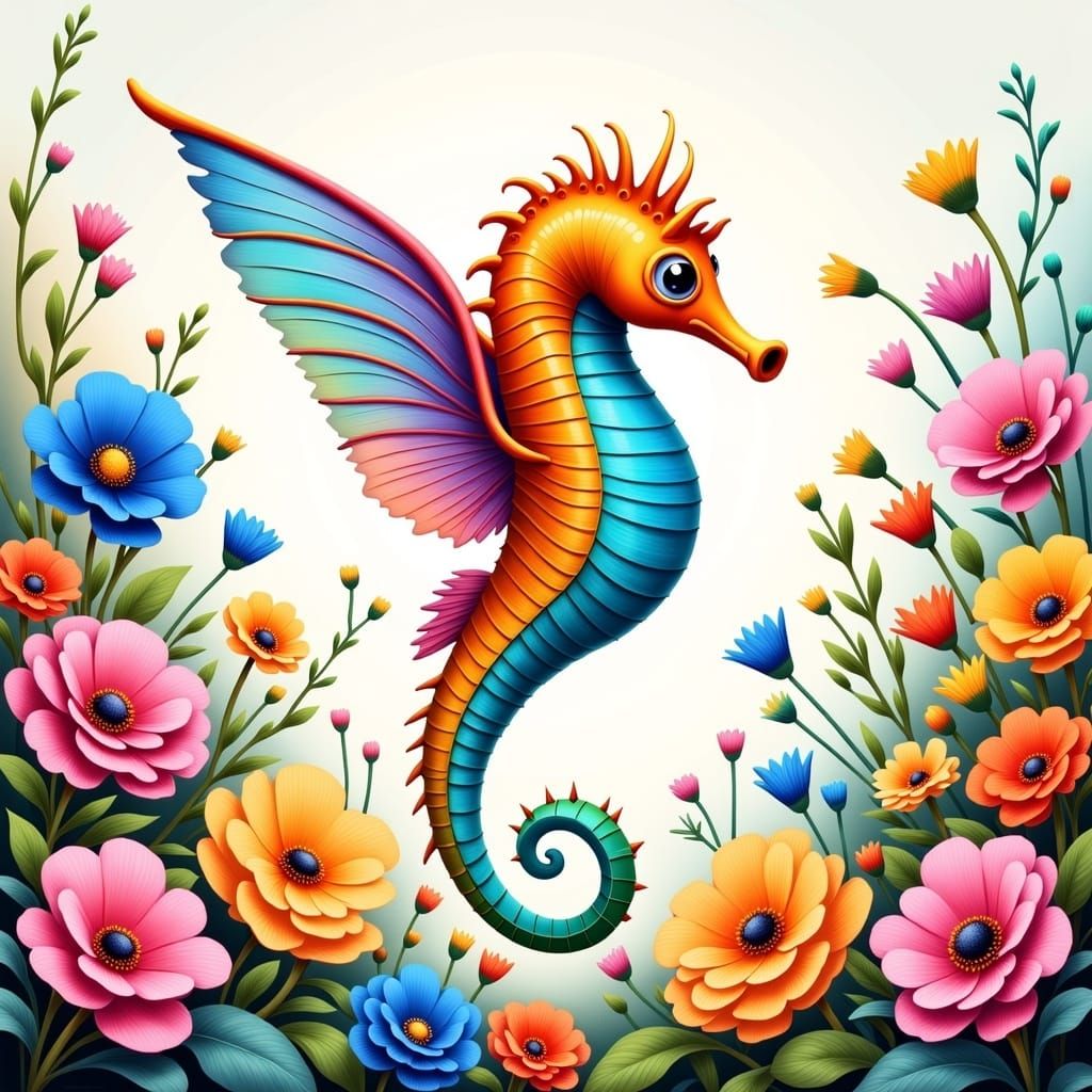 Vibrant, Iridescent Seahorse Soars Amidst Whimsical Floral G...