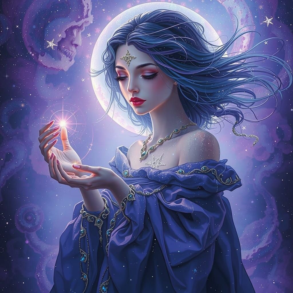 Mystical Goddess Shines Amidst Starry Galaxy