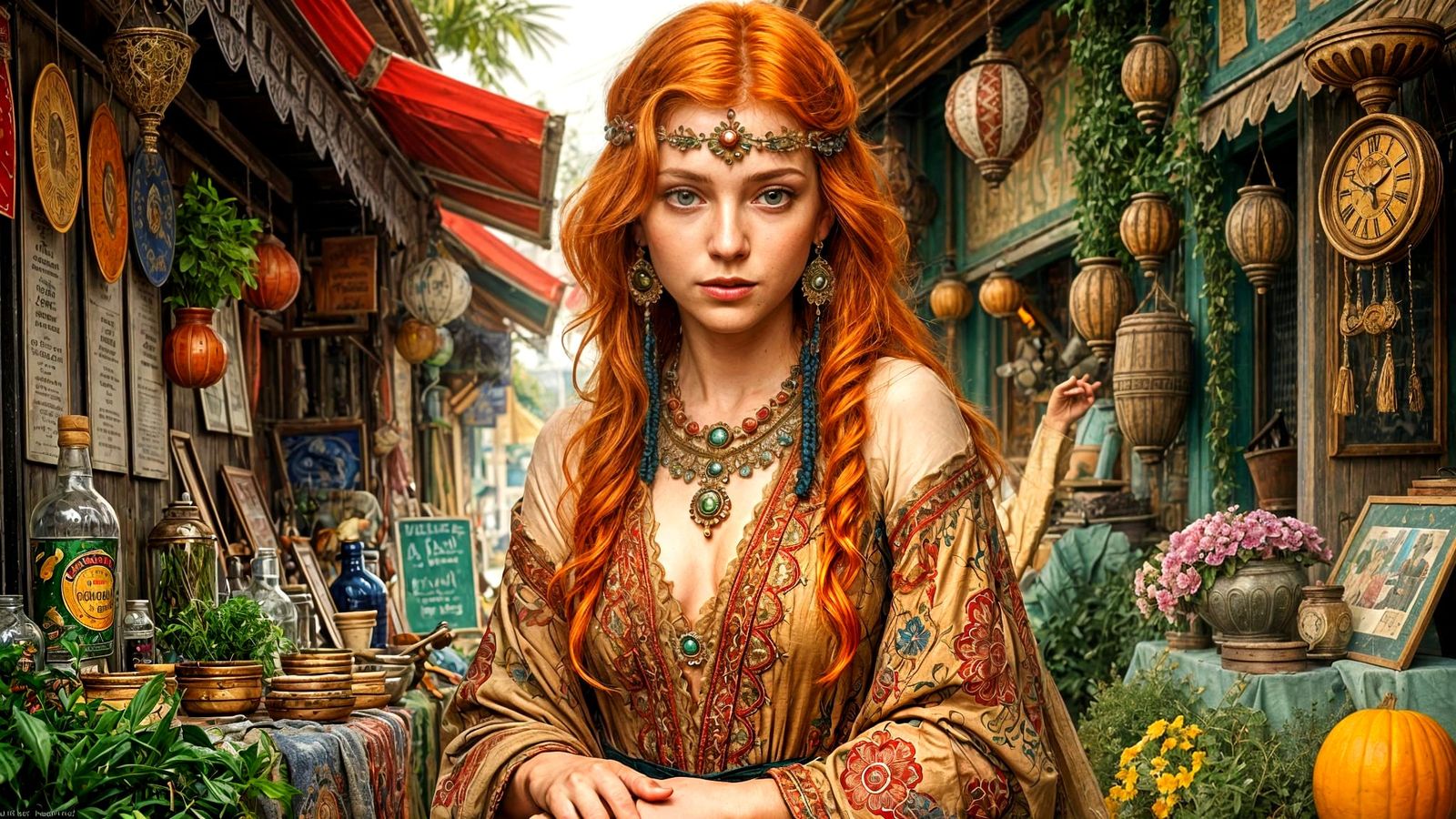 Ethereal Art Nouveau Shamaness Surrounded by Whimsical Marke...