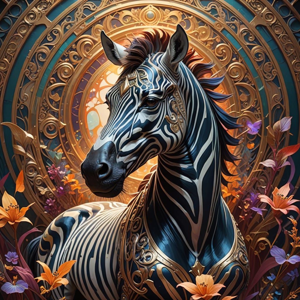 Ethereal Zebra Emerges from Vibrant Vortex in Art Nouveau St...