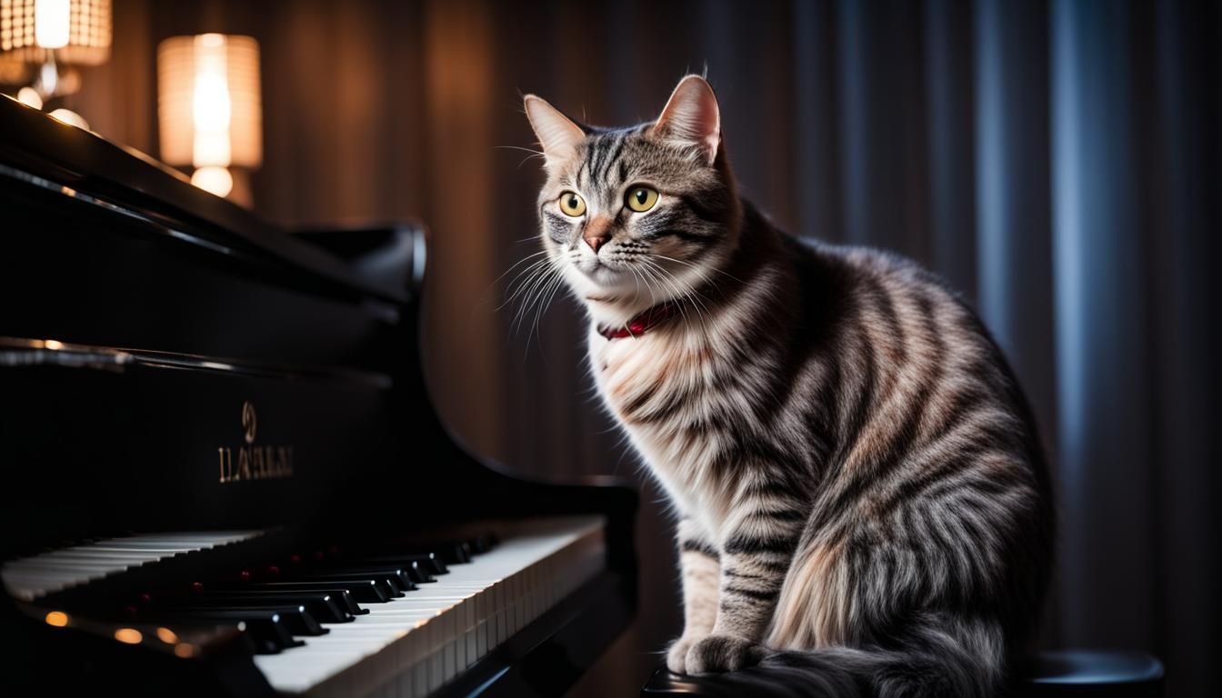 Elegant Cat Poses on Piano in Spotlight, Captured with Profe...