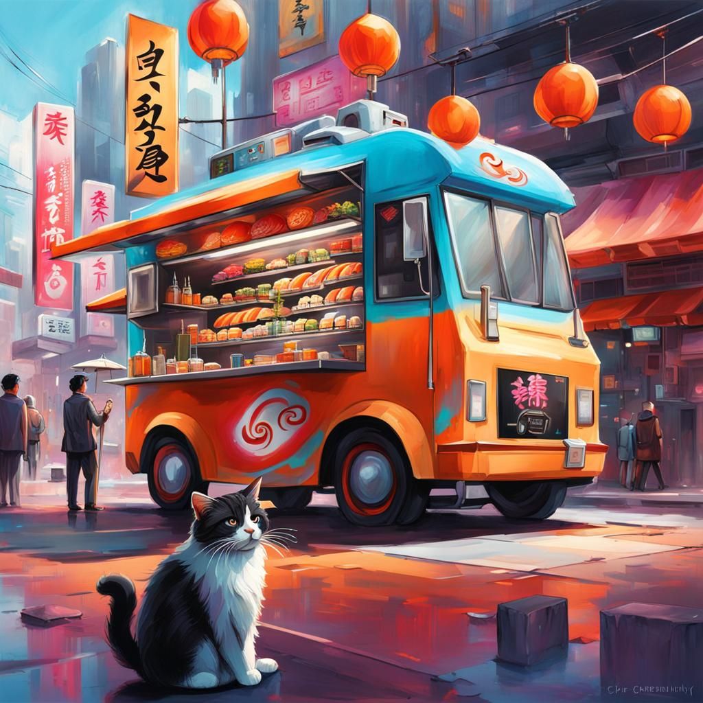 Elderly Asian Man Invites You to Futuristic Sushi Food Truck