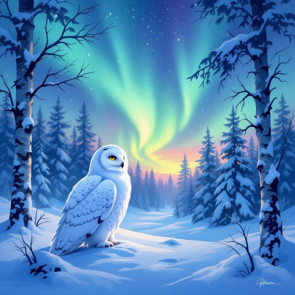 Snowy Owl Aurora Borealis Impressionist Painting