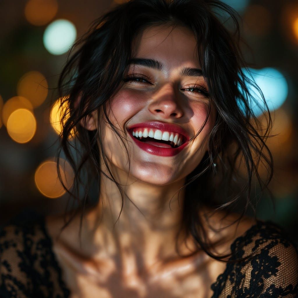 Hyper-Realistic Portrait of a Laughing Young Woman in Snowy....