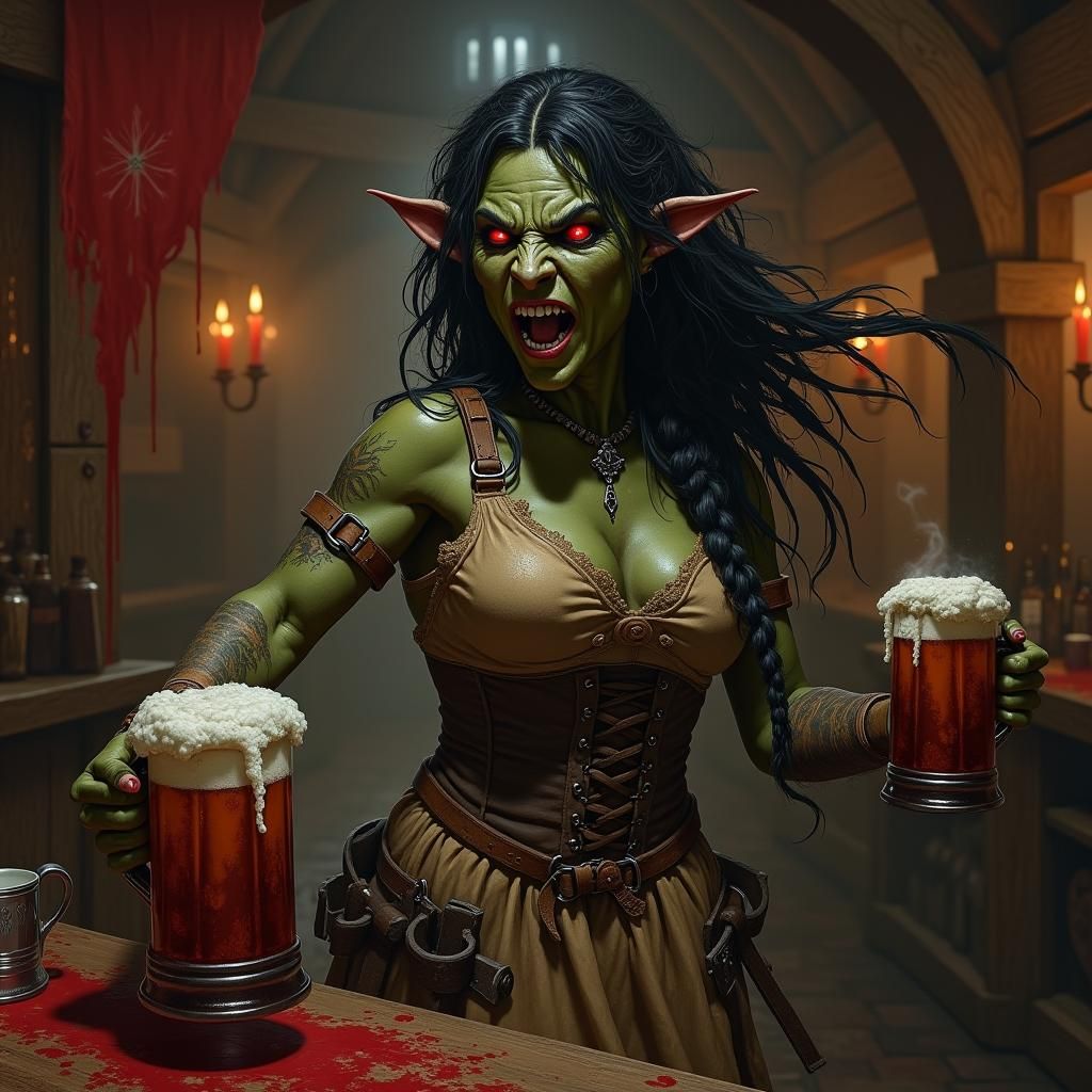 Dark Fantasy Barmaid in Medieval Tavern