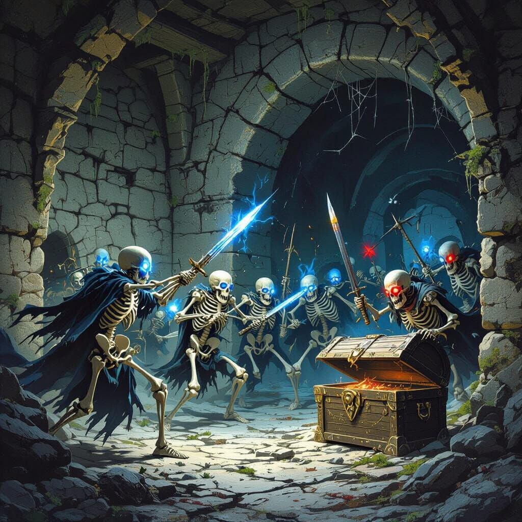 Skeletons Clash in Ancient Dungeon Digital Painting