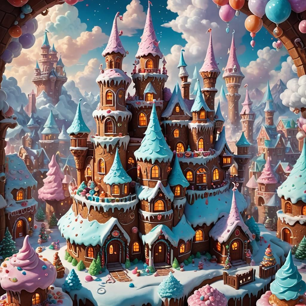 Vibrant Candy Castle in Whimsical Cloudscape Fantasy