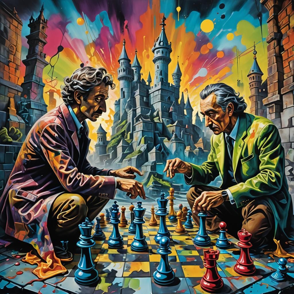 Surreal Chess Scene in Vibrant, Polychromatic Hues