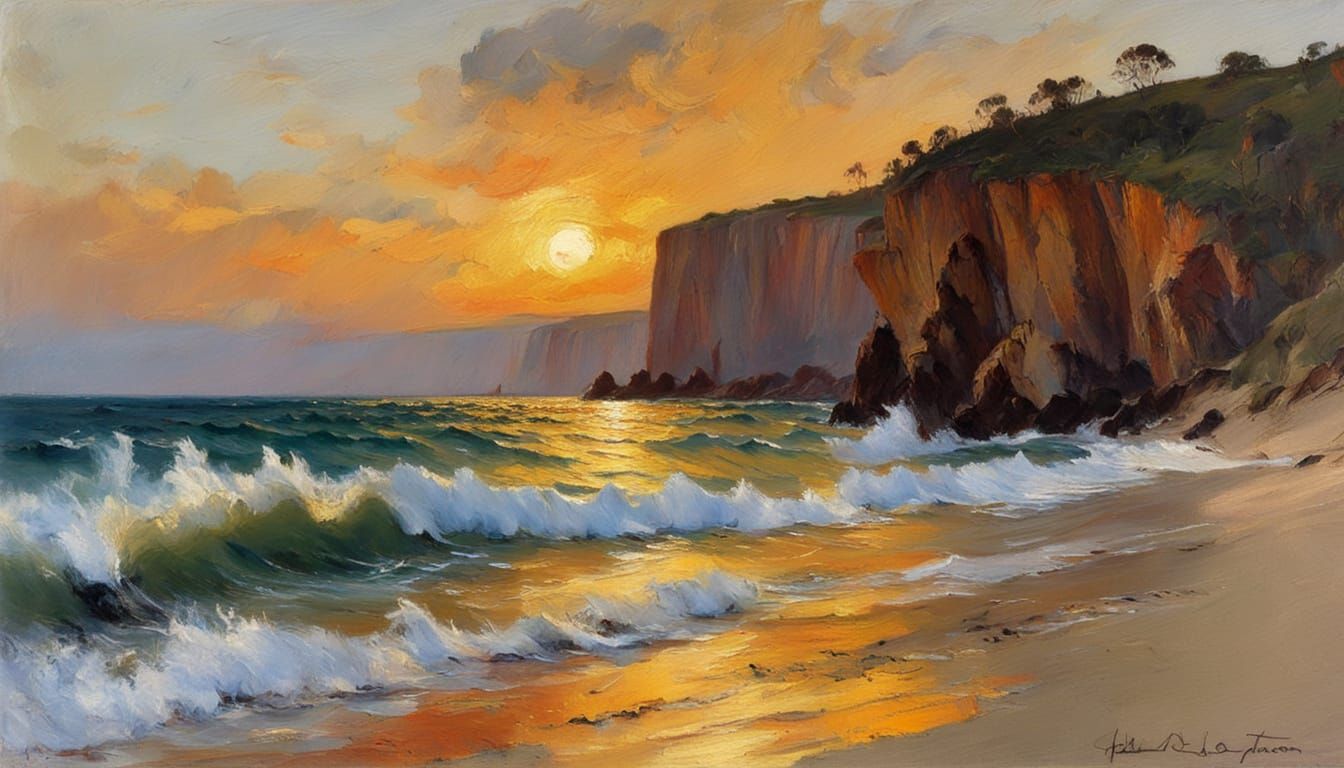 Impressionist Sunset Over Coastal Cliffs Oil Painting