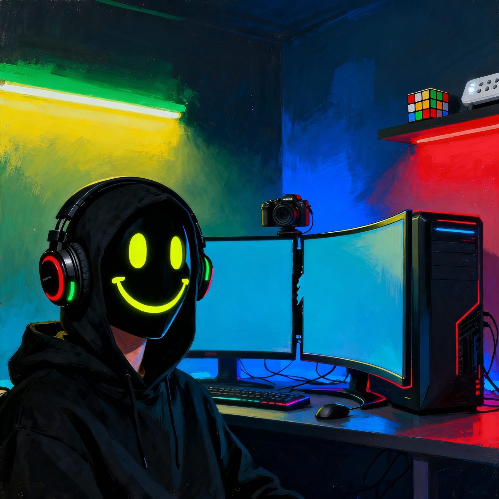 Gamer in Neon Hoodie and Smiley Mask with Glowing Eyes