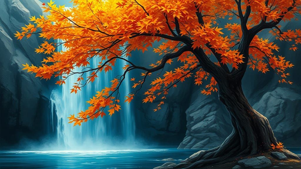 Autumn Tree Near Blue Waterfall Digital Painting
