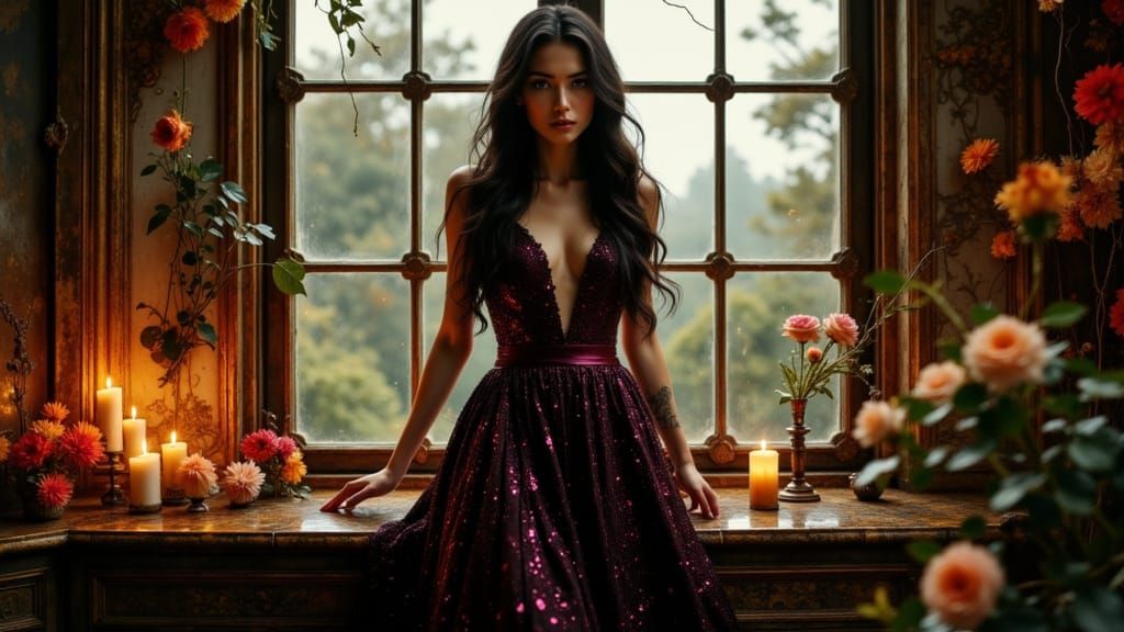 Elegant Model in Flowing Dress at Dusk