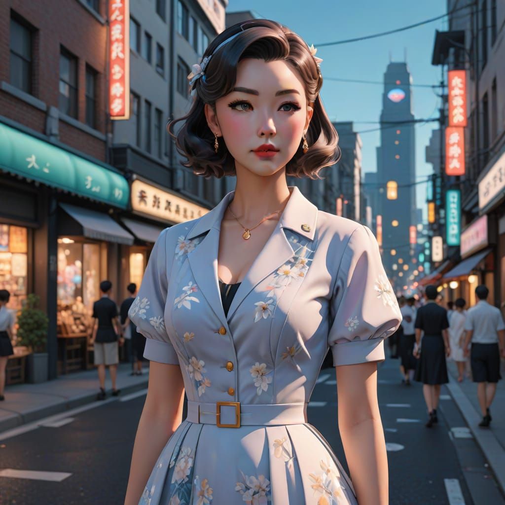 Anime Woman in 1950s Style on City Street