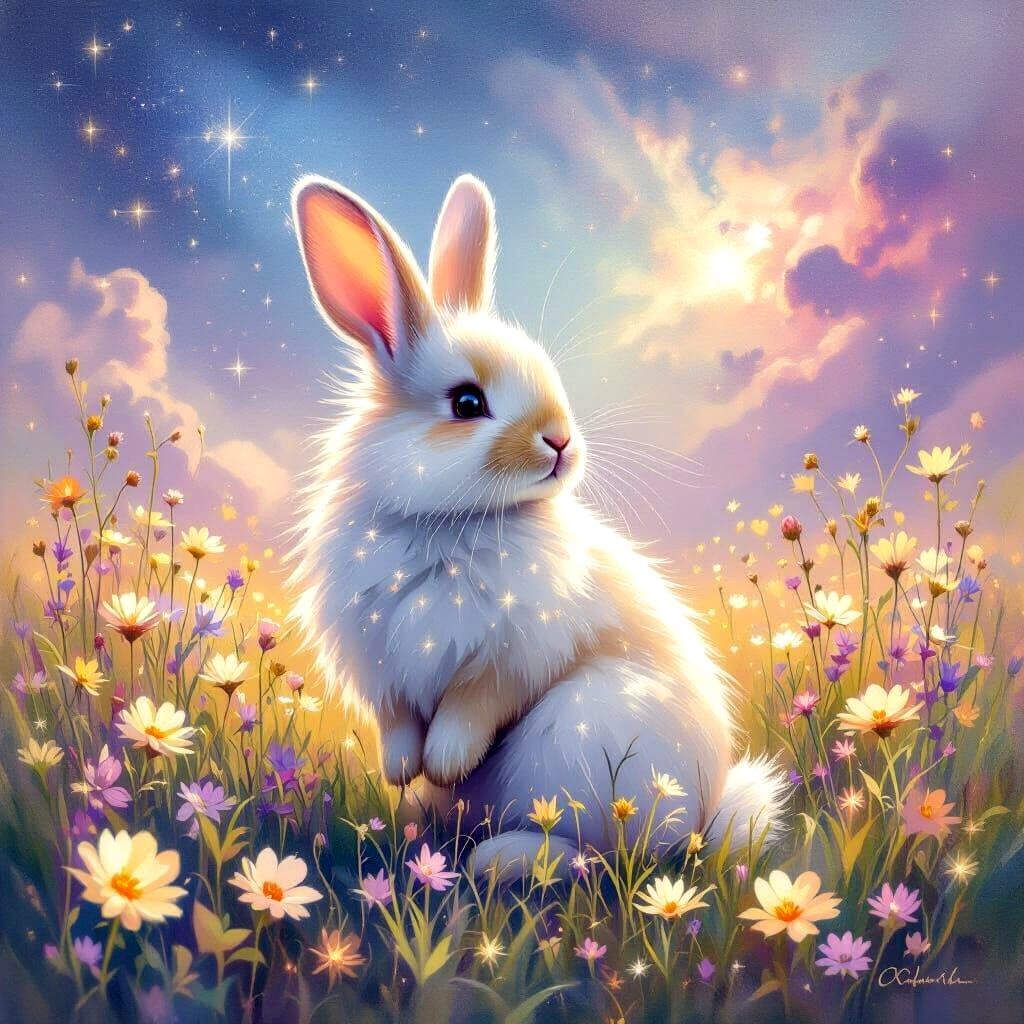 Whimsical Rabbit in Stardust Fur Amidst Glowing Flowers