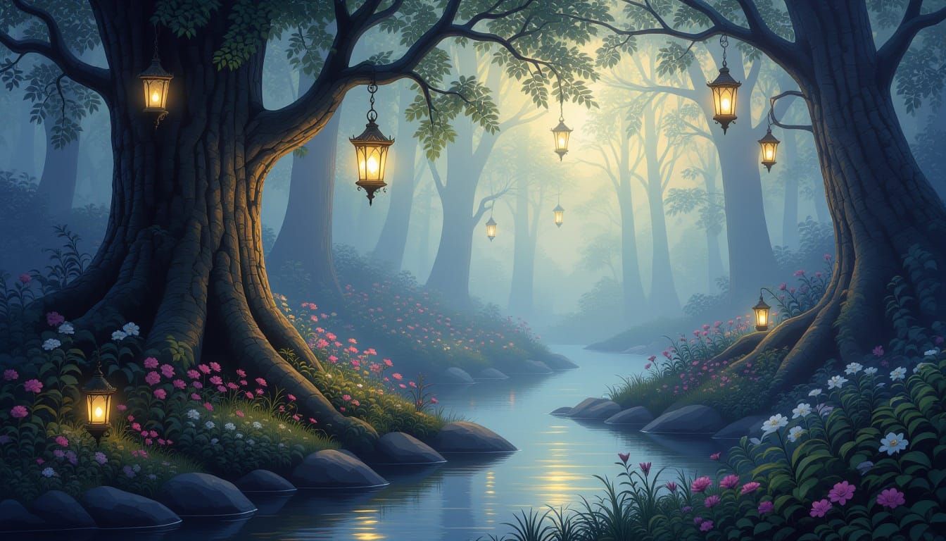 Magical Forest Scene with Glowing Lanterns and Mist