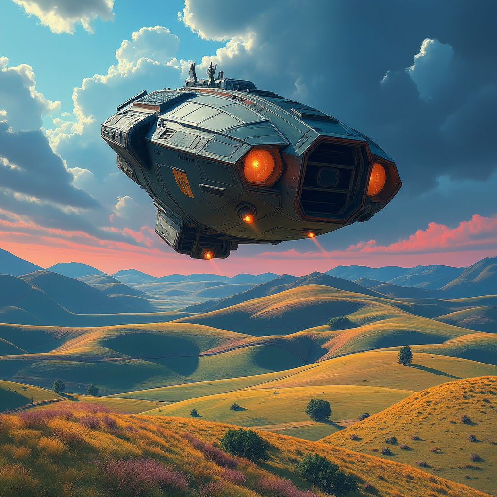 Starship Over Countryside: Hyperrealistic Splash Art