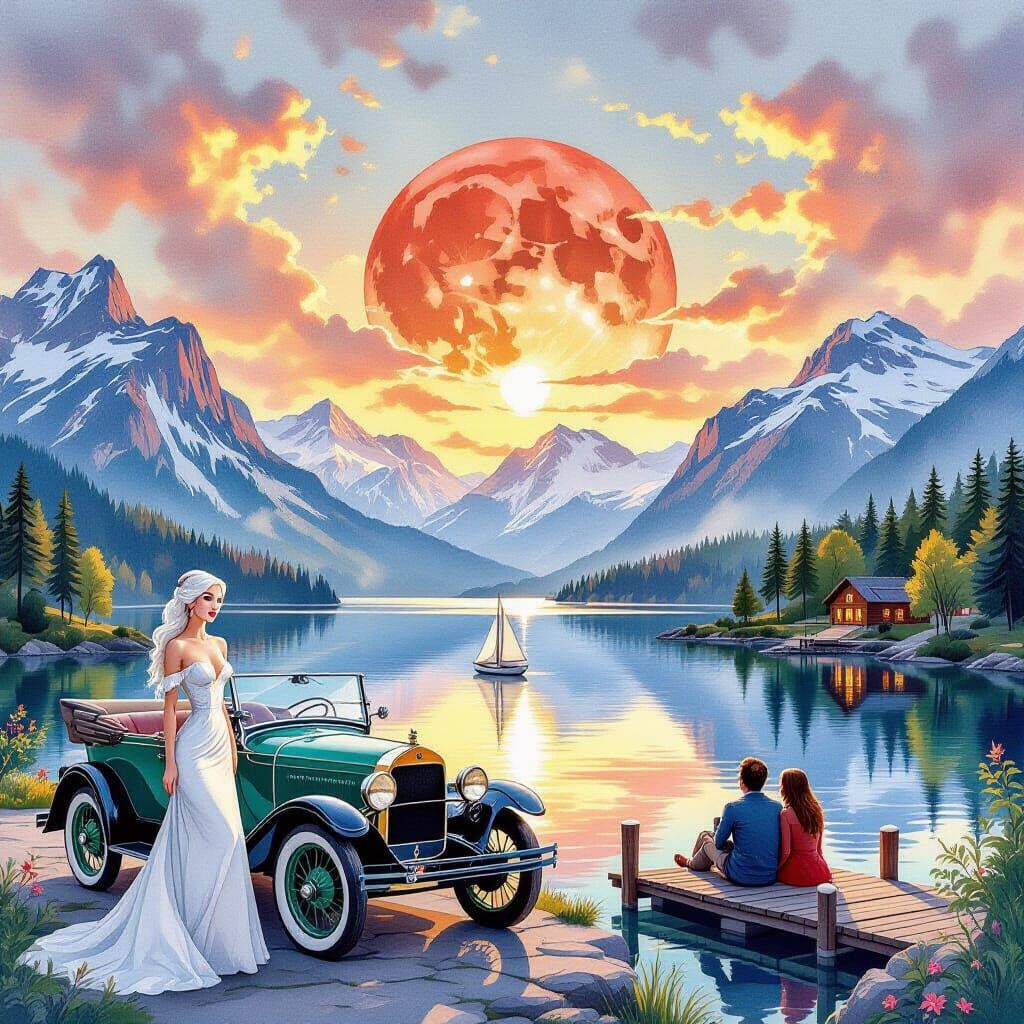 Magical World Illustration with Woman and Vintage Car