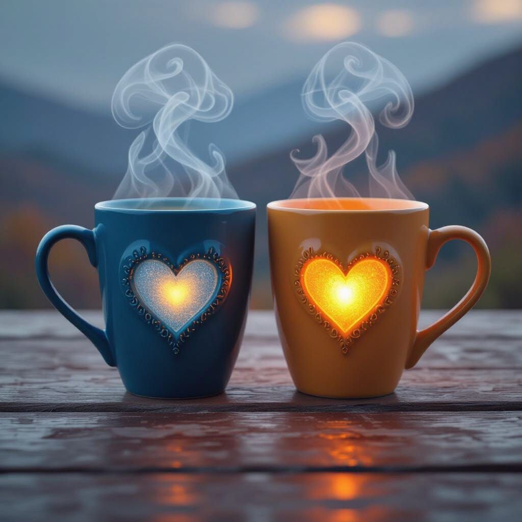 Cozy Celestial Mugs with Glowing Hearts on Wooden Table