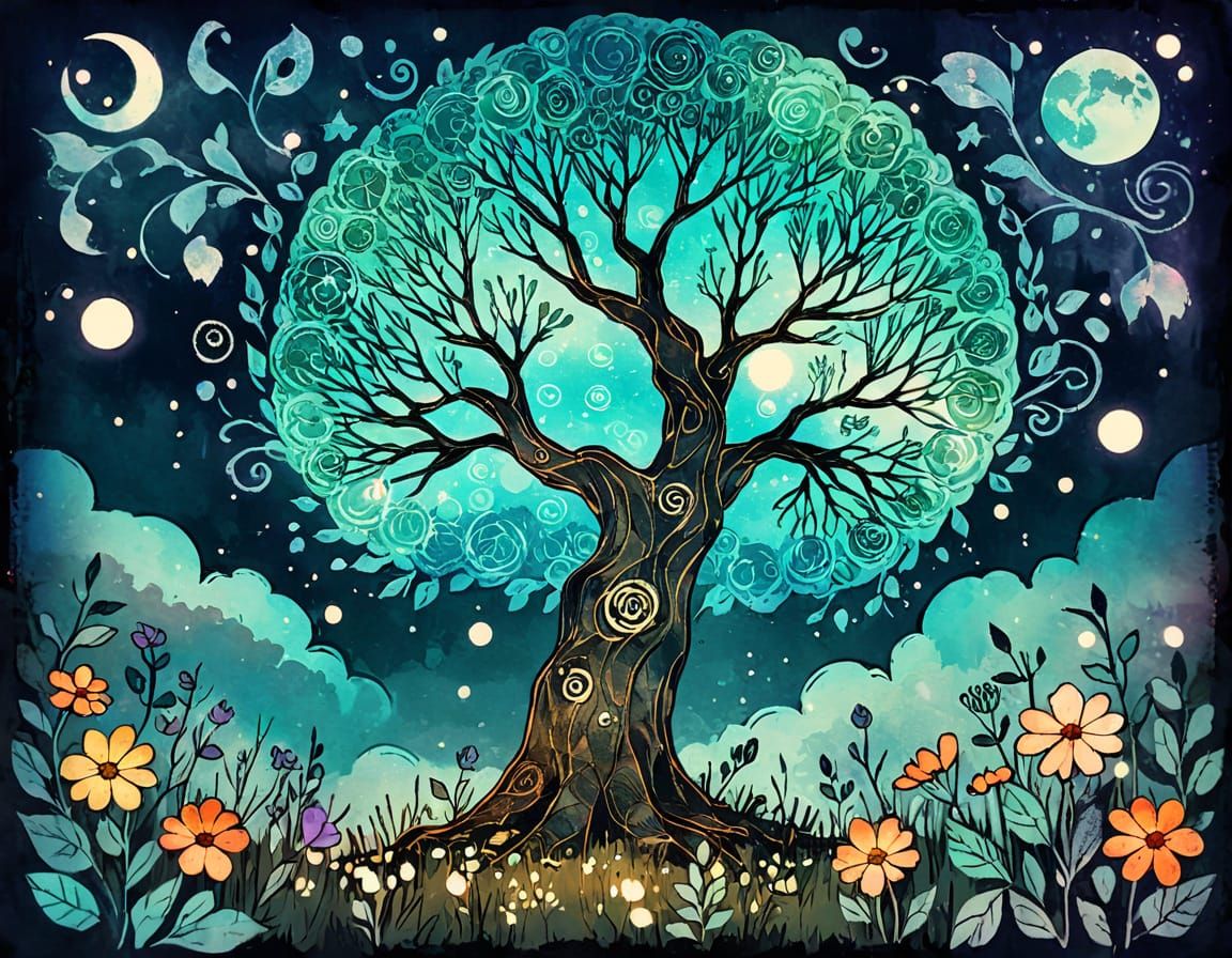 Dreamlike Ancient Tree in Vibrant Colors