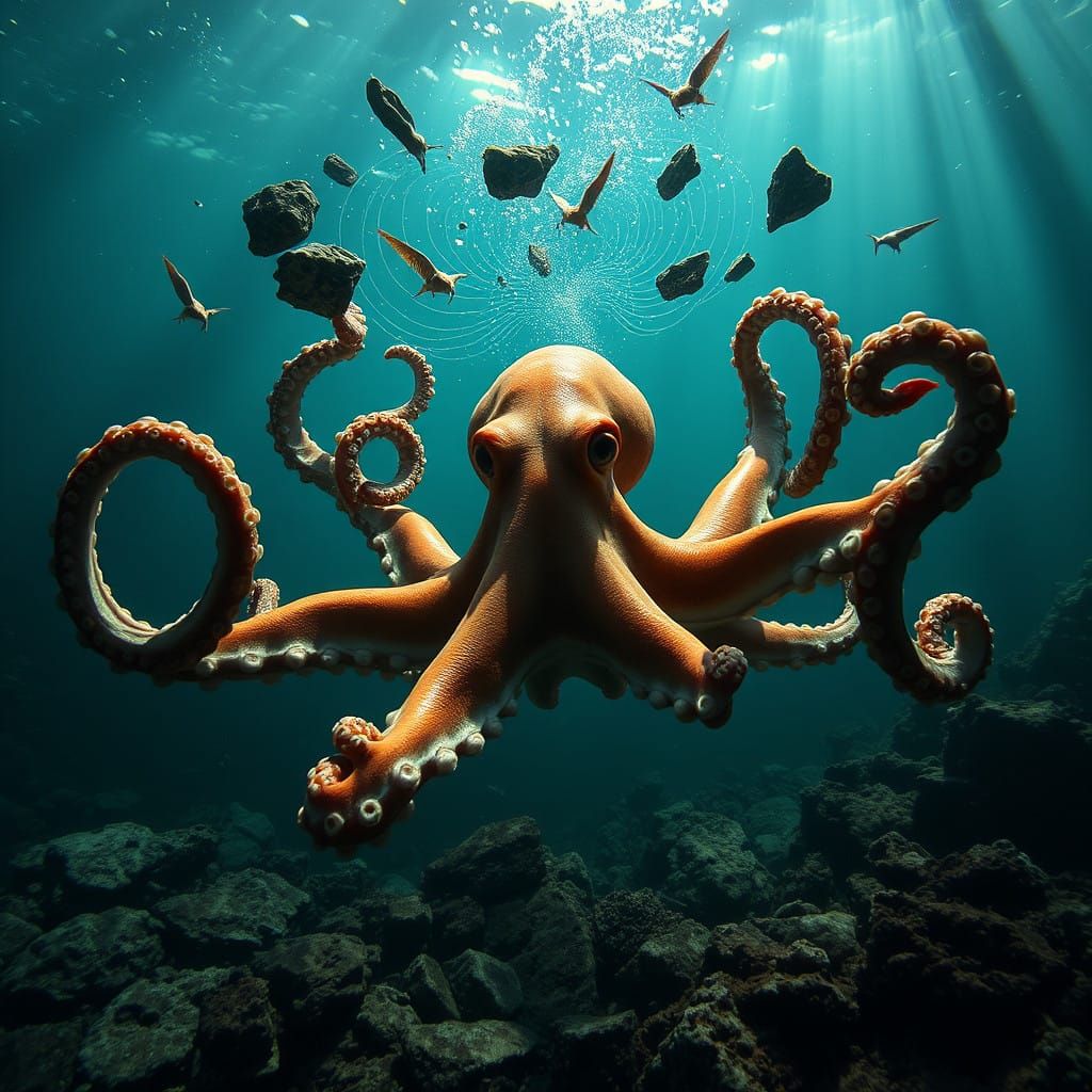 Dramatic Octopus Telekinesis Scene in the Ocean Depths