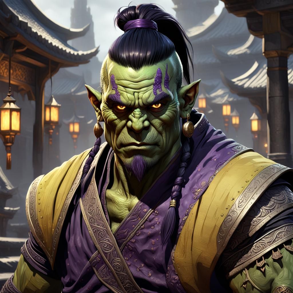 Dark Fantasy Orc Monk with Elegant Ponytail