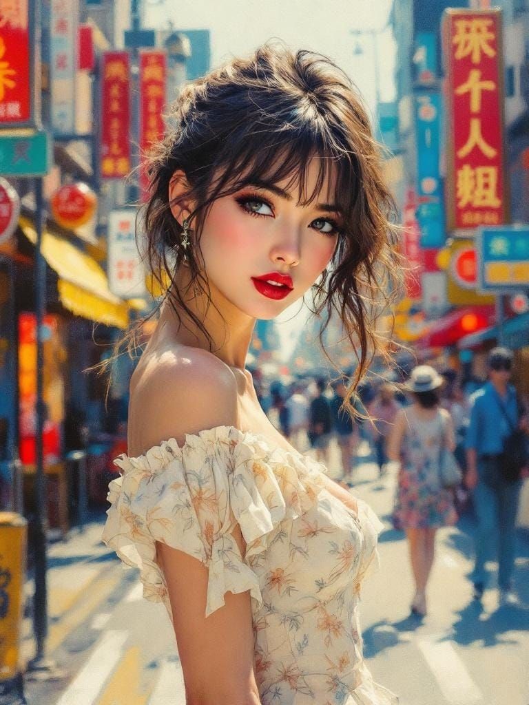 Tokyo Street Scene in Impressionistic Wax Art Style