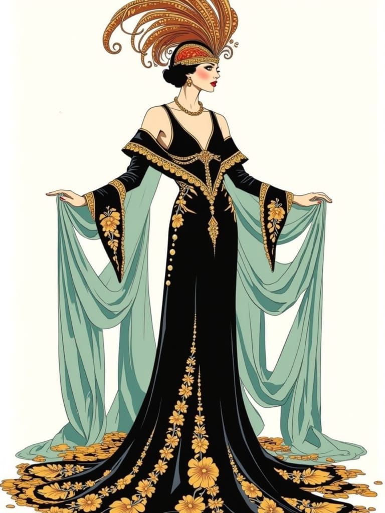 Art Deco Fashion Figure in Opulent Gown Illustration