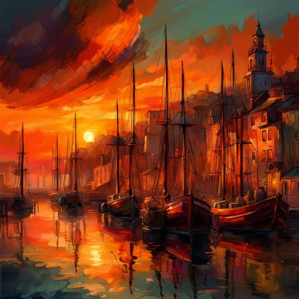 Vibrant Sunset Harbor Scene in Impressionist Style