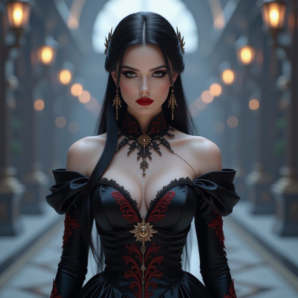 Gothic Woman in Black Satin Gown with Sci-Fi Flair