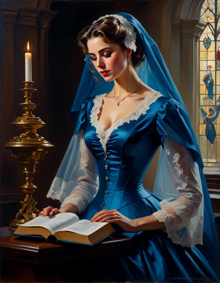 Victorian Modest Bible Reader in Blue Dress