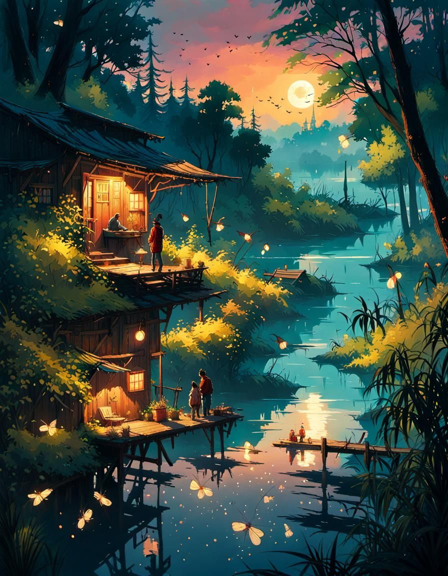 Surreal Lake Scene with Glowing Fireflies in Vibrant Digital...