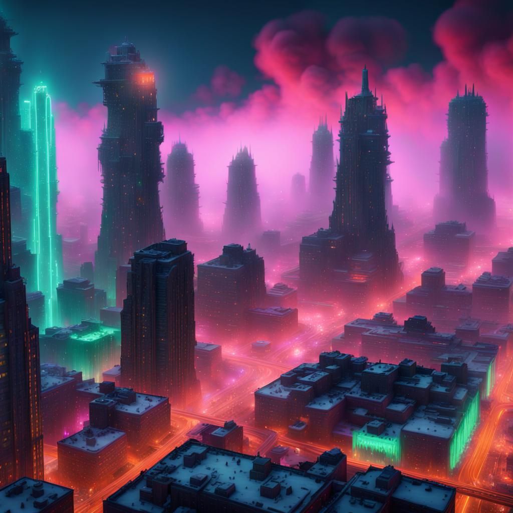 Epic Neon Cityscape Amidst Fractal Fog