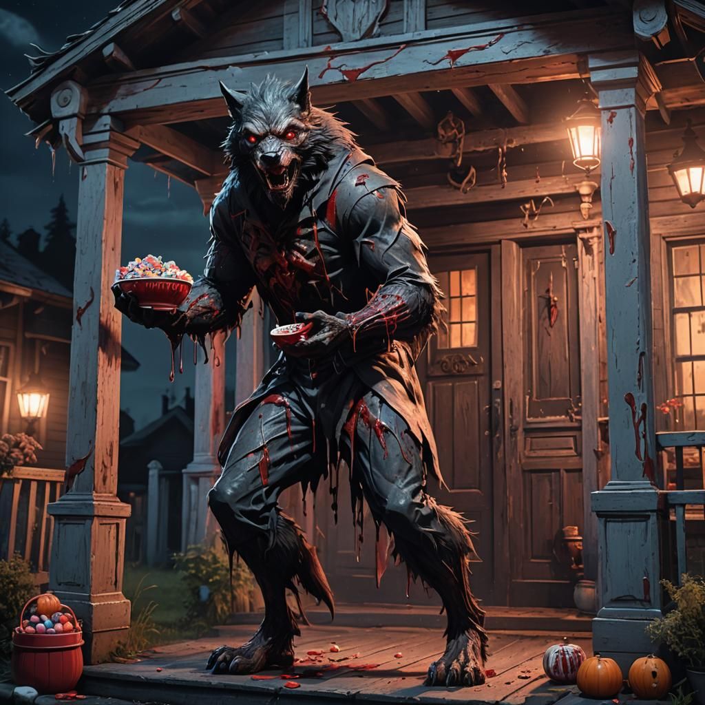 Mysterious Werewolf Greets Trick-or-Treaters on a Dark Hallo...