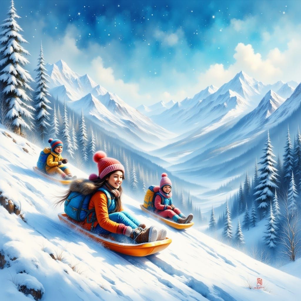 Children Joyfully Sledding Down Snowy Mountains in Painterly...