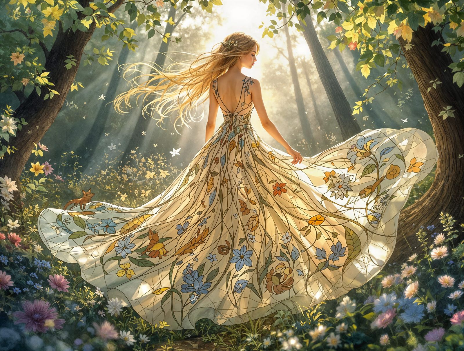 Whimsical Forest Spirit in Stained Glass Fashion