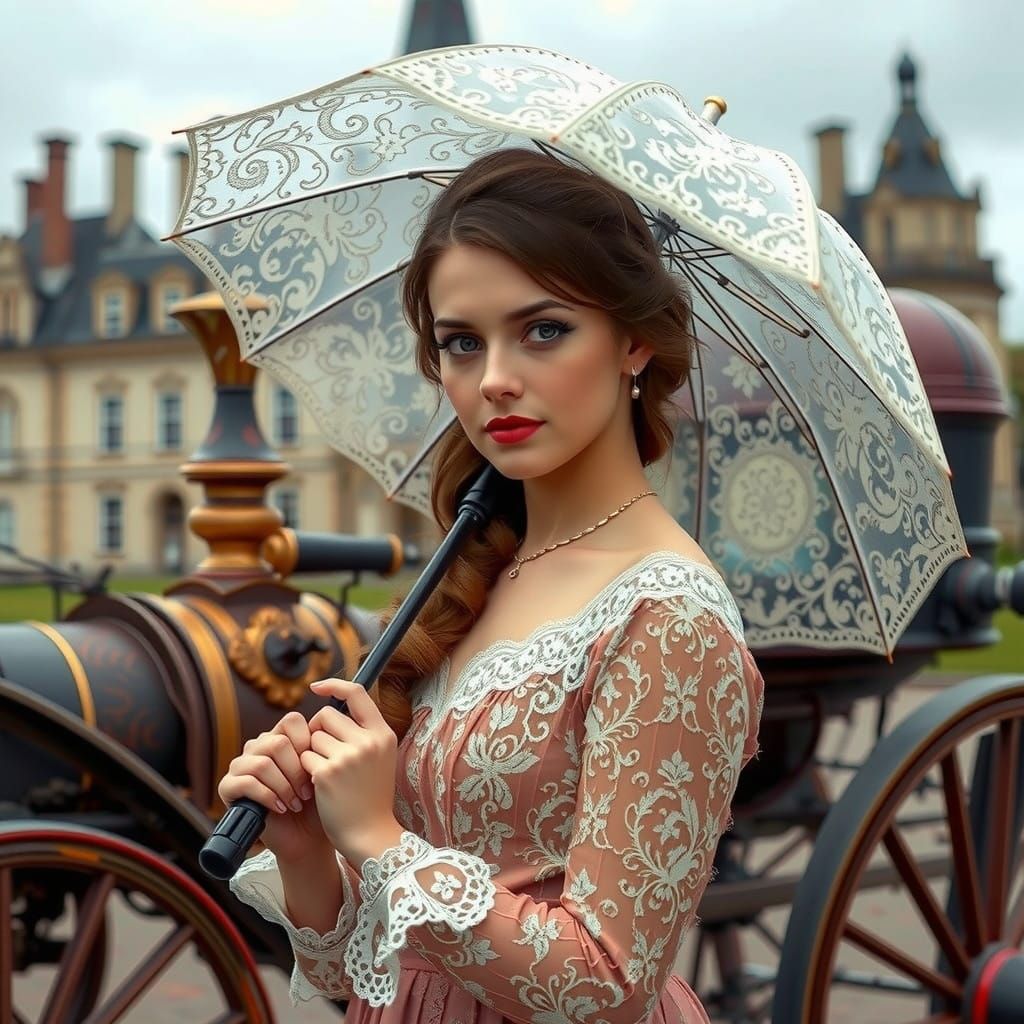Elegant Victorian Lady with Lace Umbrella in Formal Portrait
