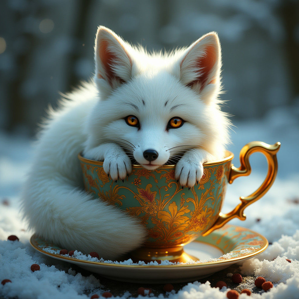 Whimsical Arctic Fox in Golden Teacup