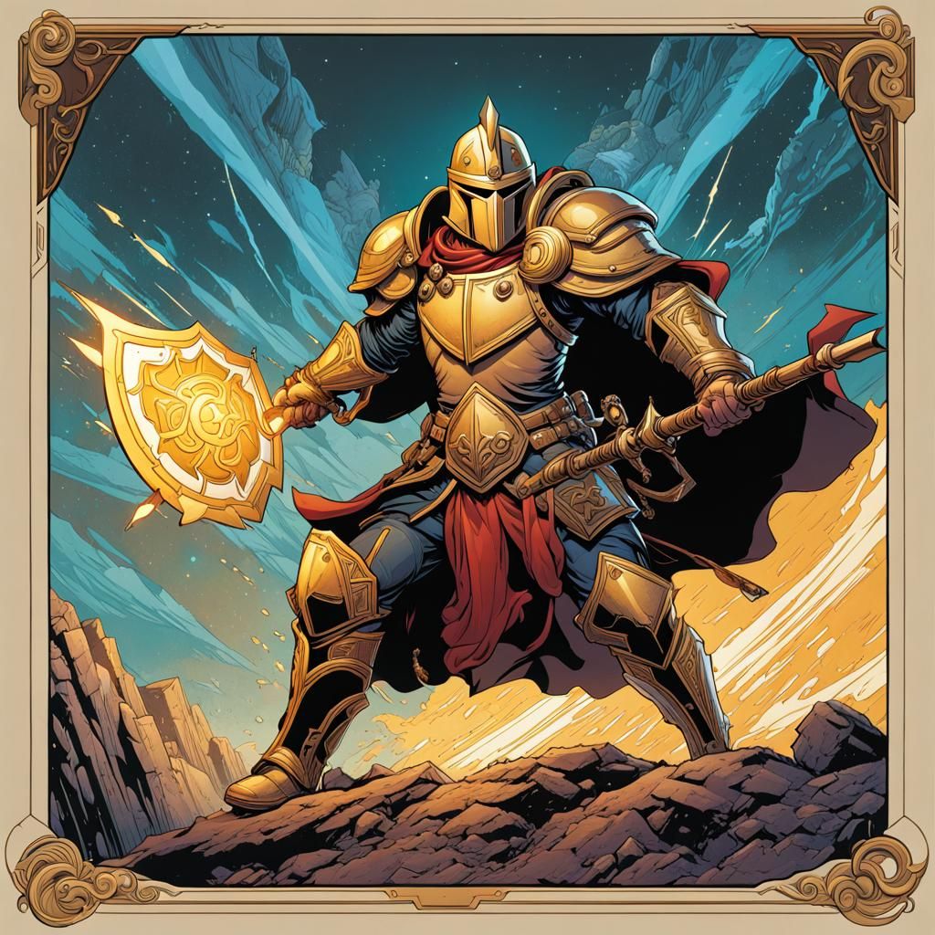 Heroic Fantasy Paladin in Battle, Cel-Shaded Comic Book Styl...