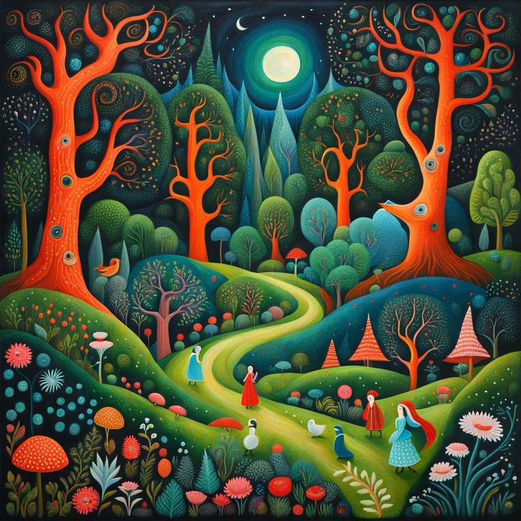 Vibrant, Whimsical Forest Scene in Naive Art Style