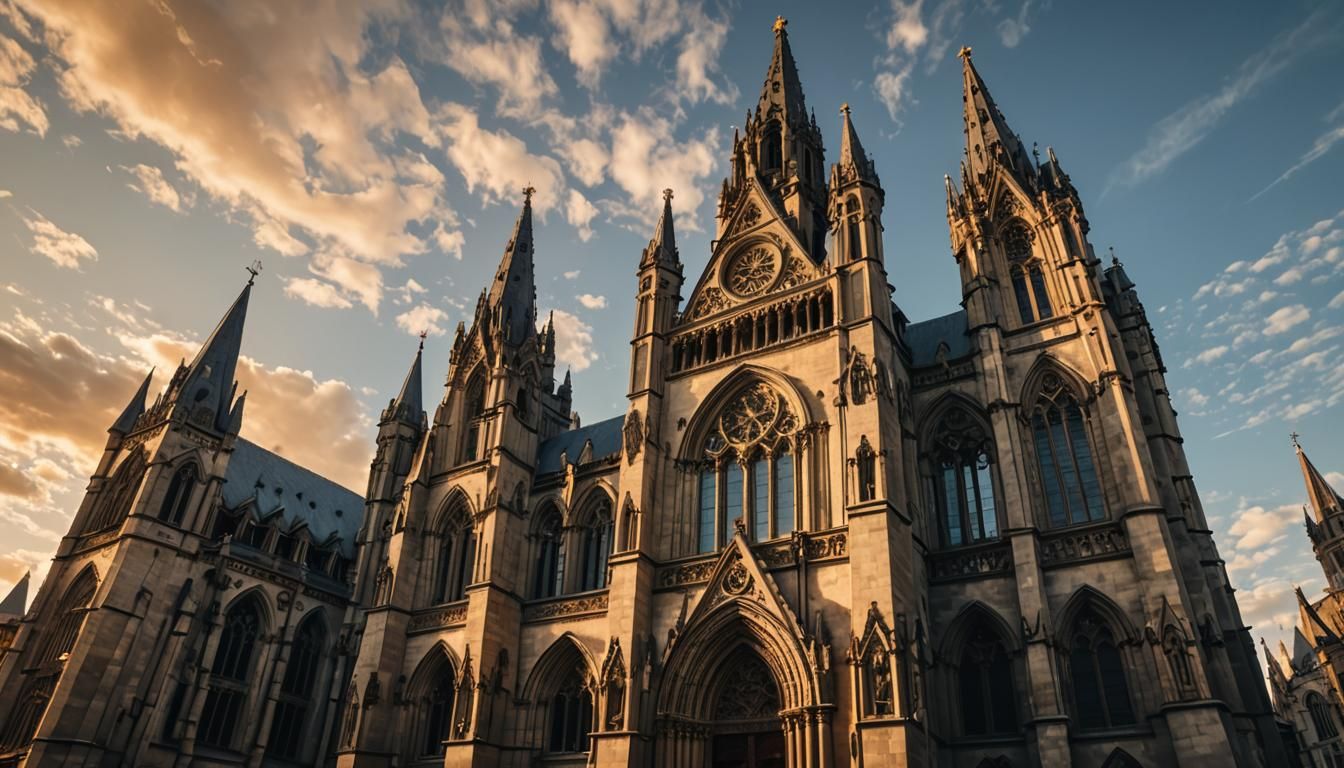 Medieval Masterpiece: Majestic Gothic Cathedral at Golden Ho...