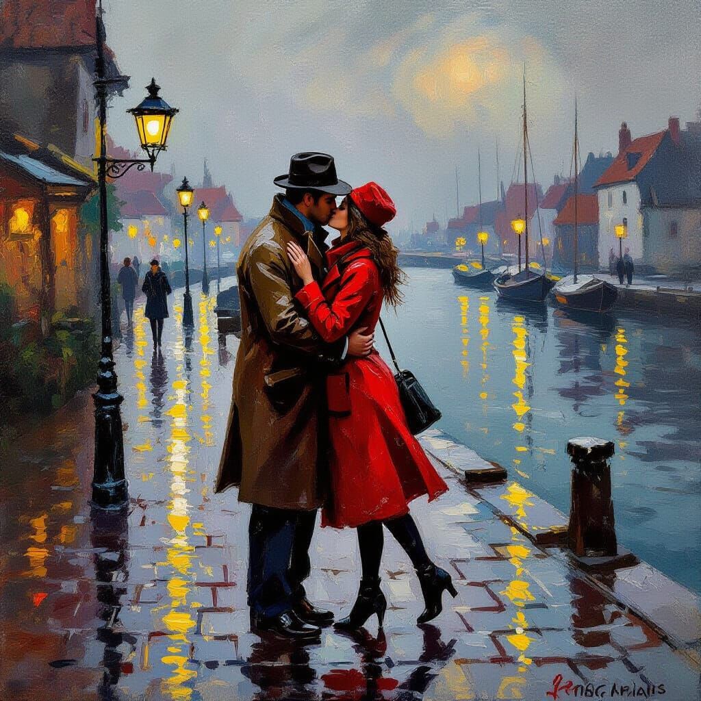 Impressionist Oil Painting of a Kiss on a Rainy Dock