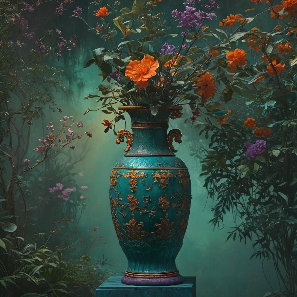 Ancient Chinese Vase in Dreamlike Garden