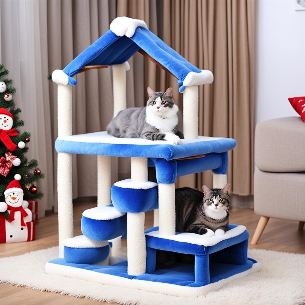Cozy Winter Wonderland Pet Scene in Blue and White Plush