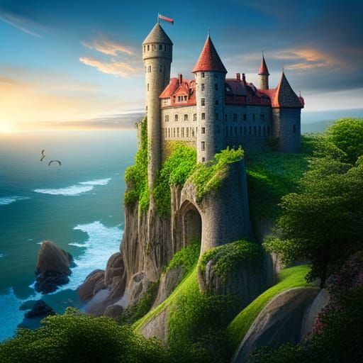 Castle Amidst Sunset in Vibrant Oil Painting Style
