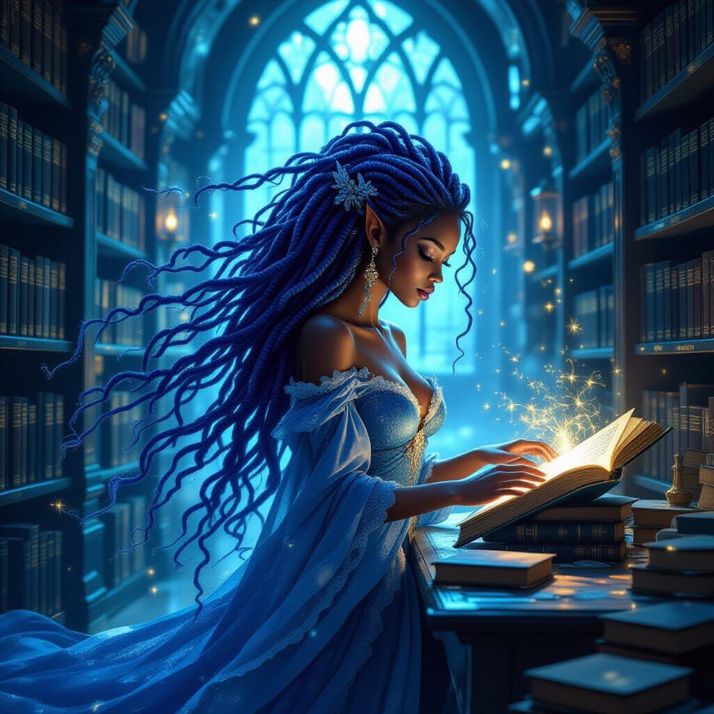 African American Fairy in Magical Library, Brian Froud Style