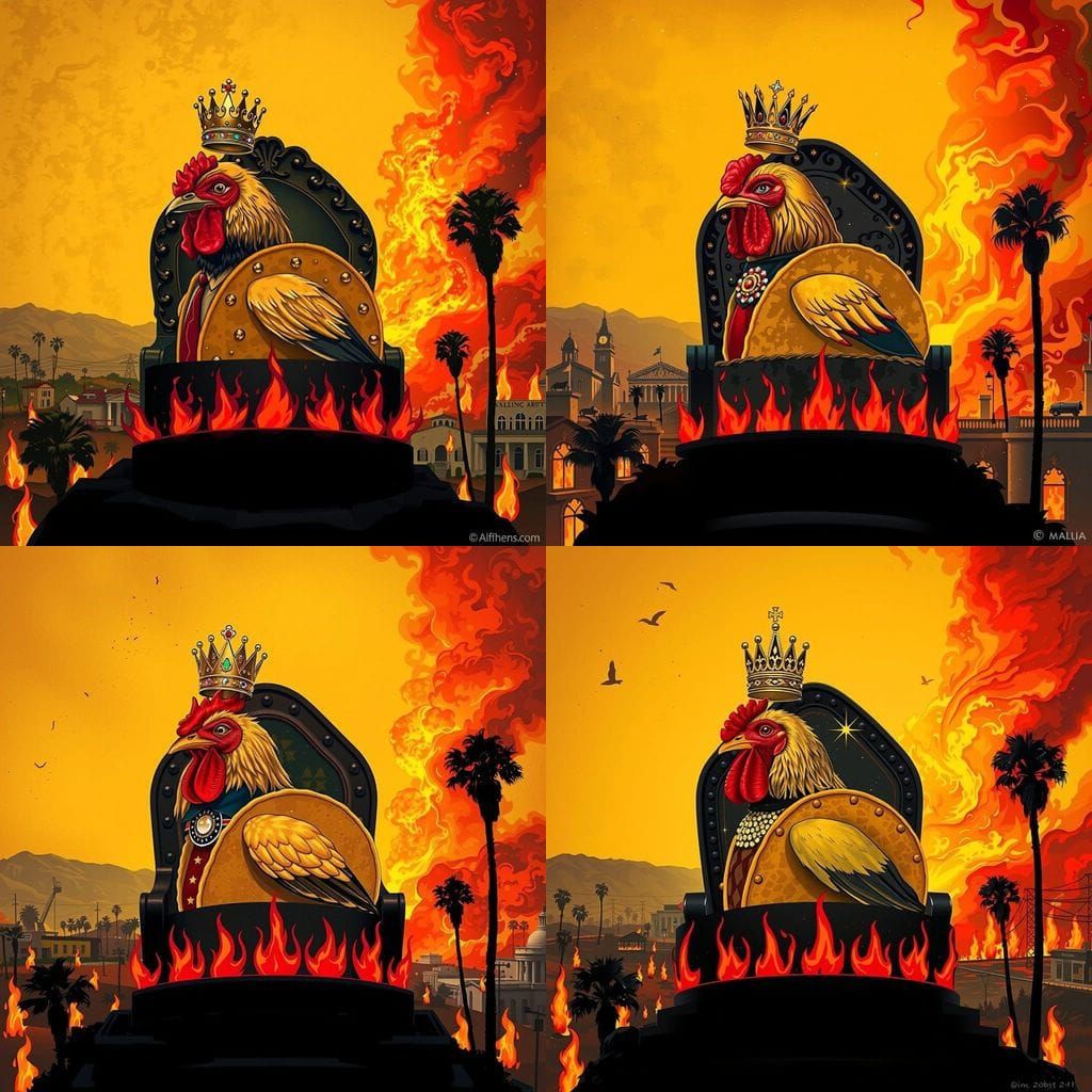 Trump Taco on Throne in Burning California, Bauhaus Style